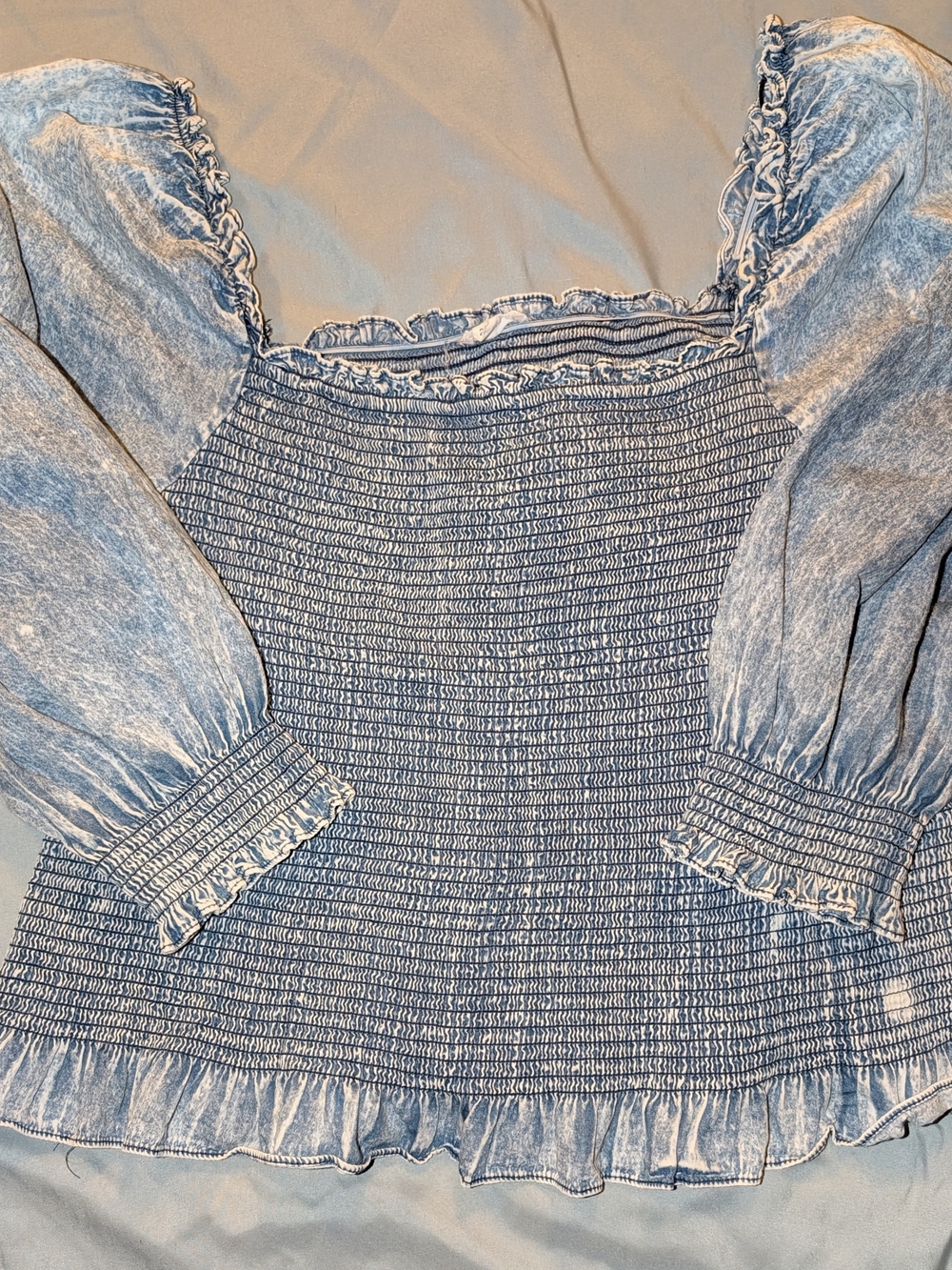 Light Blue Smocked Sleeve Blouse with Ruffle Hem